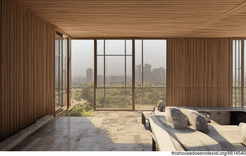 A modern architecture home in Delhi, India that is made from exposed wood, glass, and rocks