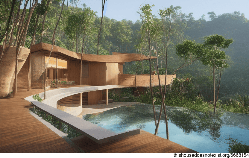 A Modernist Bali Home with an Exposed Wood Exterior and Curved Bamboo Rocks