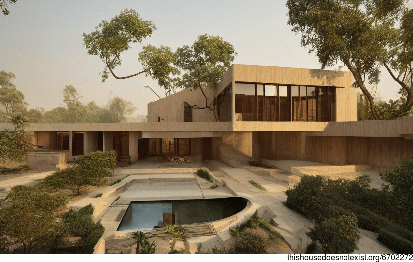 A New Delhi Home with an Exposed Wood Exterior and Curved Bamboo Rocks