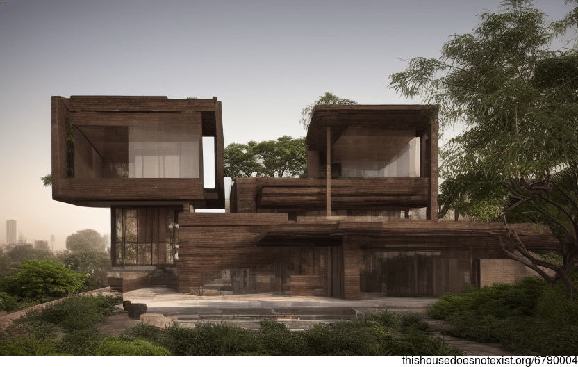 A new Delhi home with an exposed wood and bamboo exterior, designed to blend in with the surrounding rocks and stone