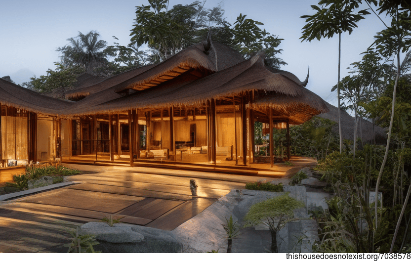 A modern home with wood and stone elements, designed in the Balinese style