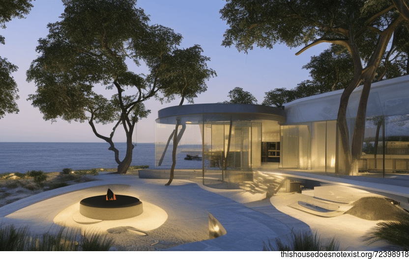 A Modern Garden in Mumbai, India with an Exposed Curved Stone Fireplace and a View of the Mumbai skyline