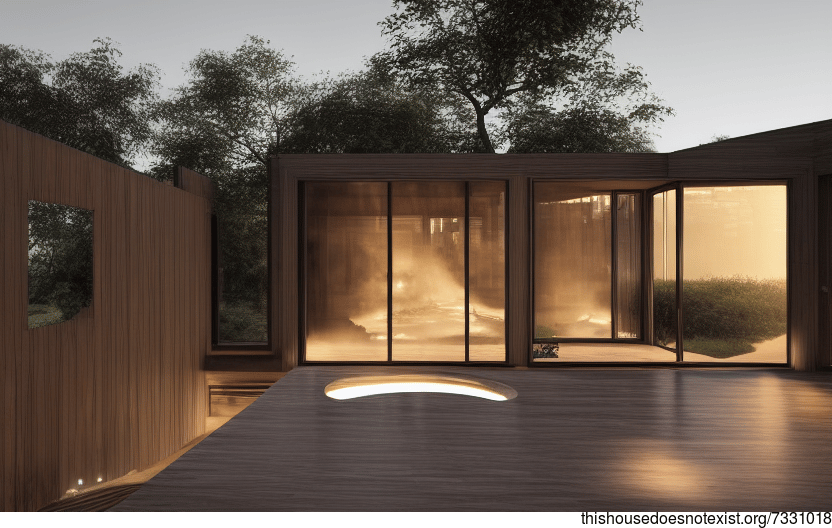 A nature-inspired exterior with exposed wood, curved bamboo, and a hot spring