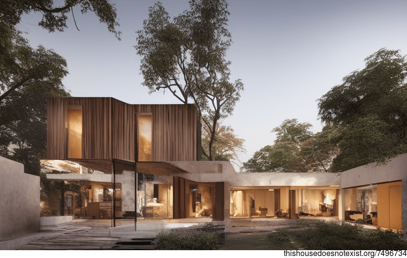 A modern architecture home in Delhi, India with exposed wood, glass, and stone exterior