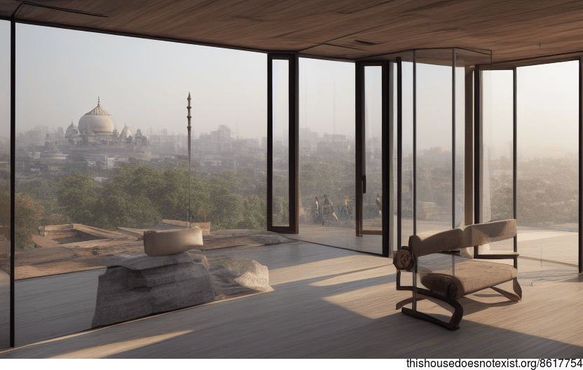 A New Delhi, India Home With Exposed Wood, Glass, and Stone