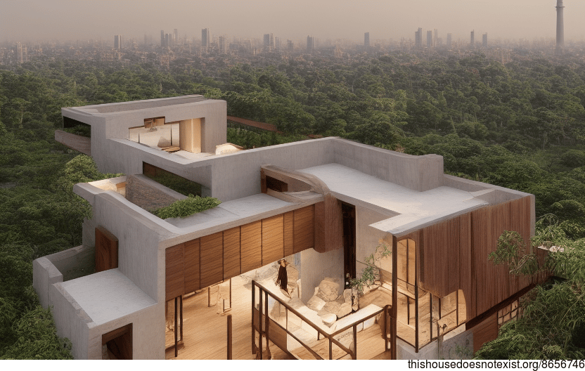 A new home in Delhi, India designed with exposed wood, bamboo, and rocks