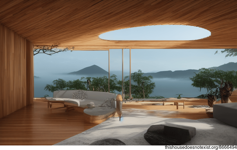 A modern architecture home in Florianopolis, Brazil, with an exposed wood interior and curved bamboo rocks