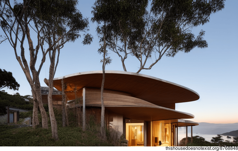 A modern architecture home in Florianopolis, Brazil, with exposed wood and stone exterior, and curved bamboo rocks