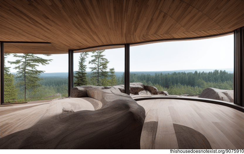 A modern architecture home in Ottawa, Canada designed to take in the sunrise with exposed wood and curved bamboo rocks