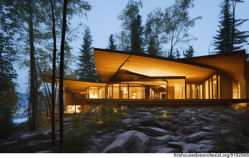 A Modern Architecture Home in Ottawa, Canada with an Exposed Wood Interior and Curved Bamboo Rocks