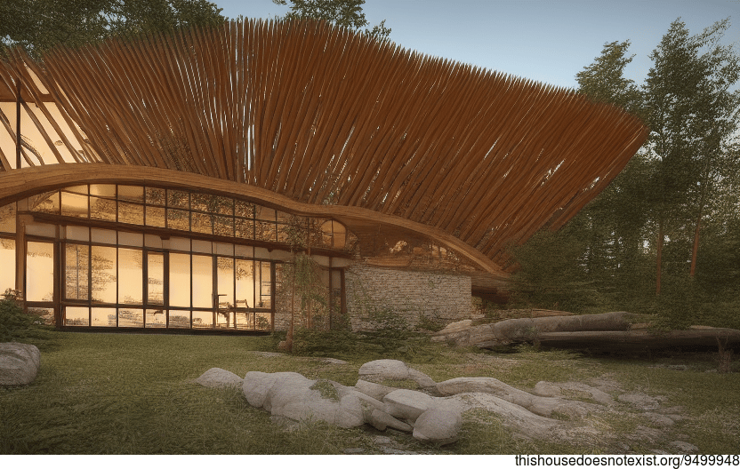 A modern architecture home in Ottawa, Canada designed to take in the sunrise with exposed wood, curved bamboo, and stone rocks