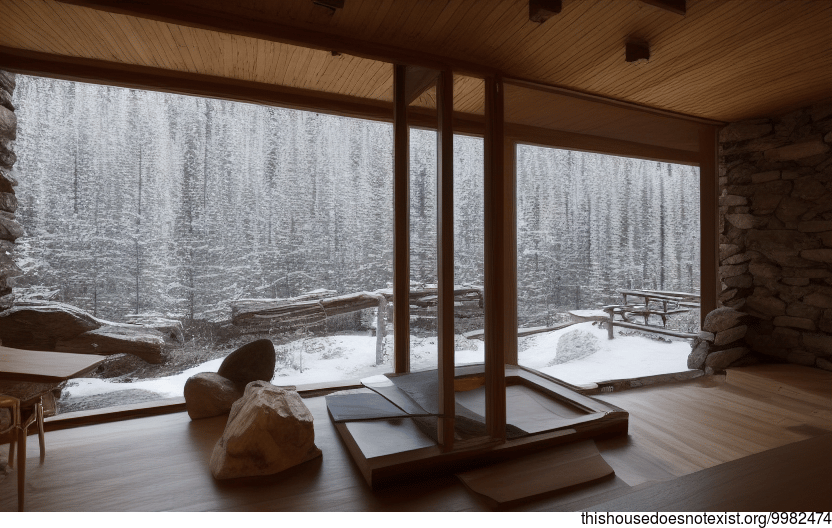 A Small, Curved Cabin in Japan With an Exposed Wood and Stone Interior and a Steamy Hot Spring Outside